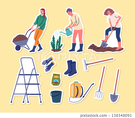 Cartoon Color Farming Life Concept Characters Farmers with Tools Stickers Set Flat Design Style. Vector illustration 138348091