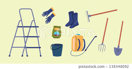 Cartoon Color Farming Life Concept Agricultural Tools Set Flat Design Style. Vector illustration of Bucket, Ladder, Sprayer, Rake and Shovel Cartoon Color Farming Life Concept Agricultural Tools Set Flat Design Style. Vector illustration of Bucket, Ladder, Sprayer, Rake and Shovel 138348092
