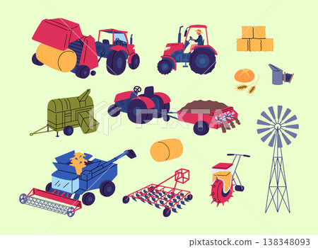 Cartoon Color Farming Life Concept Agricultural Vehicles Set Flat Design Style. Vector illustration of Tractor and Combine Cartoon Color Farming Life Concept Agricultural Vehicles Set Flat Design Style. Vector illustration of Tractor and Combine 138348093