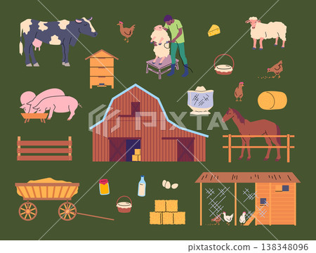 Cartoon Color Farming Life Concept Buildings and Animals Set Flat Design Style. Vector illustration of Farmhouse Cartoon Color Farming Life Concept Buildings and Animals Set Flat Design Style. Vector illustration of Farmhouse 138348096