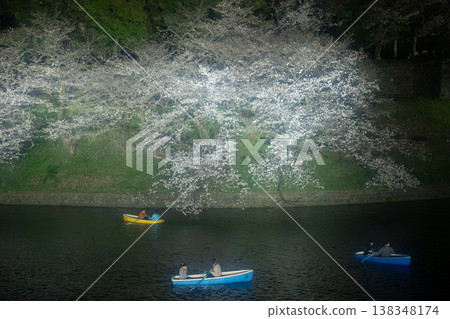 千鳥淵:夜晚櫻花盛開,船隻在花海中穿梭。 千鳥淵:夜晚櫻花盛開,船隻在花海中穿梭。 138348174