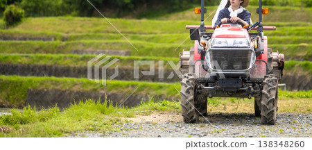 A farmer operating a rice transplanter. 138348260