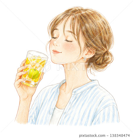 Watercolor illustration of a woman drinking a plum drink. A refreshing character illustration by AI. Watercolor illustration of a woman drinking a plum drink. A refreshing character illustration by AI. 138348474