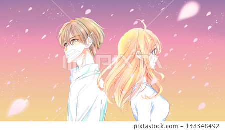 一男一女背靠背站著，櫻花飄落，構成了一幅淒美的畫面。 138348492