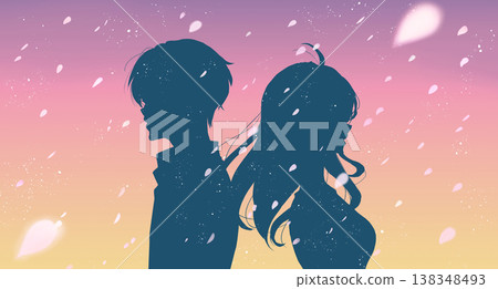 一男一女背靠背站著，櫻花飄落的剪影勾勒出一幅淒美的畫面。 138348493