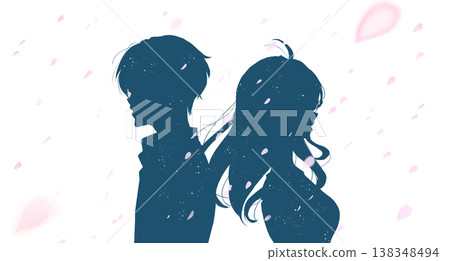 A man and a woman stand back to back, a poignant scene of cherry blossoms falling in silhouette. A man and a woman stand back to back, a poignant scene of cherry blossoms falling in silhouette. 138348494