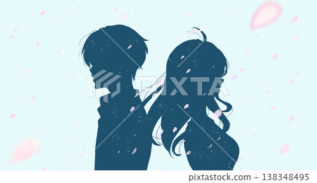A man and a woman stand back to back, a poignant scene of cherry blossoms falling in silhouette. 138348495