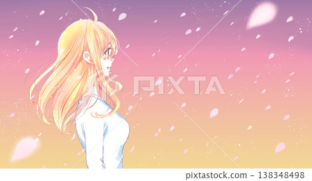 A woman with a serene expression, cherry blossoms falling, cherry blossoms falling, twilight. 138348498