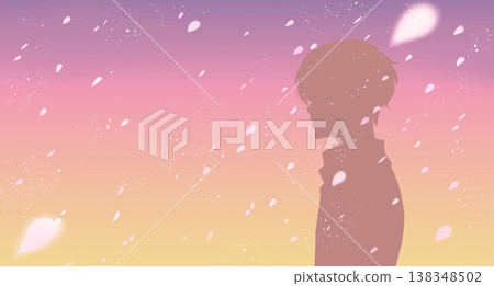 Man, side view, cherry blossoms falling, twilight, silhouette Man, side view, cherry blossoms falling, twilight, silhouette 138348502