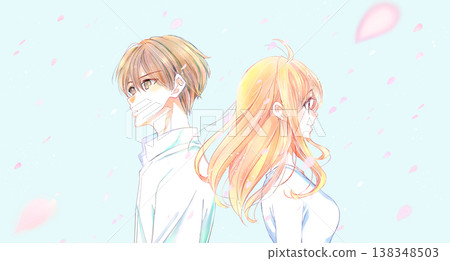 A man and a woman stand back to back, a poignant scene of cherry blossoms falling. A man and a woman stand back to back, a poignant scene of cherry blossoms falling. 138348503
