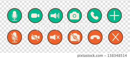 Retro 90s phone call interface icons for mobile communication. Concept of digital conversation, notification alerts, audio video chat, and vintage technology. Flat colored outline vector illustration. 138348514