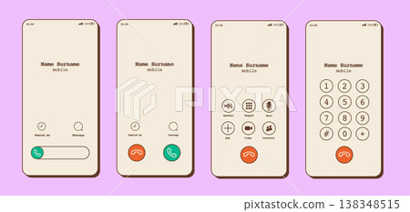 Retro 90s mobile phone call screen interface. Calling, ringing, and talking modes with vintage design layout. Classic smartphone communication screens. Vector illustration isolated on background. 138348515