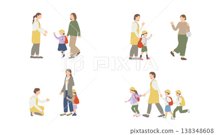 Illustration set depicting the interaction between parents, children, and teachers during drop-off and pick-up at daycare. 138348608