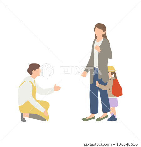 插圖描繪了孩子在托兒所與父母分離後感到焦慮的情景（去托兒所、接送、分離焦慮） 138348610
