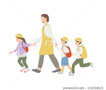 插圖描繪了一名兒童在幼兒園與老師一起行走的情景（到達學校後，上學途中，感到安全）。 138348611