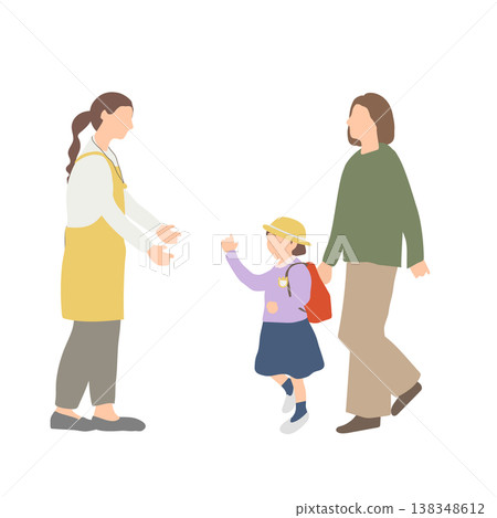插圖描繪了家長和孩子在托兒所接送時將孩子交給老師的情景（去托兒所/托兒所）。 138348612