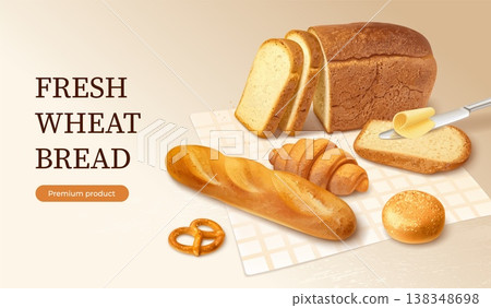 Bread ad. Wheat loaf toast slice advertising banner, 3d realistic bread breakfast delicious food homemade bakery product promotion background marketing garish vector illustration 138348698