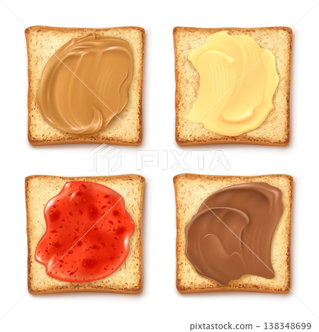 Realistic toast jam. Bread toasts spread different jams top view, sandwich slice butter peanut jelly strawberry chocolate creamy breakfast 3d isolated garish vector illustration 138348699