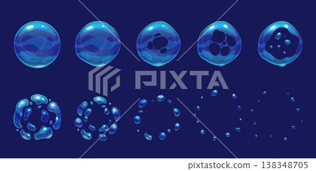 Soap bubble animation. Foam bubbles explosion, animated water ball burst sequence explode liquid sphere splash effect sprite sheet circle cartoon game ingenious vector illustration 138348705