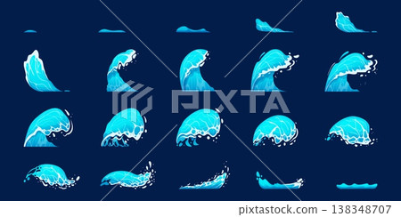 Wave splash animation. Sea water waves splashes sprite sheet sequence frame, ocean energy liquid foam motion fx ripple drops splatter aqua burst game ingenious vector illustration 138348707