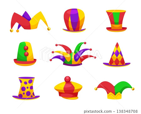 Clown hats. Carnival hat, circus jester cap harlequin crown funny buffoon costume fool silly mask crazy fun comic joke humor headwear, cartoon set qualitative vector illustration Clown hats. Carnival hat, circus jester cap harlequin crown funny buffoon costume fool silly mask crazy fun comic joke humor headwear, cartoon set qualitative vector illustration 138348708