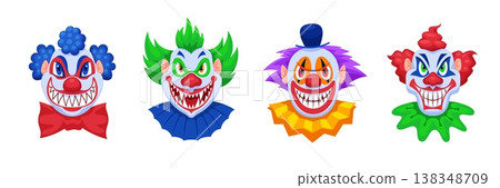 Evil clowns. Scary clown head, halloween spooky joker creepy jester horror characters killer vampire crazy smile with teeth face makeup, cartoon qualitative vector illustration Evil clowns. Scary clown head, halloween spooky joker creepy jester horror characters killer vampire crazy smile with teeth face makeup, cartoon qualitative vector illustration 138348709