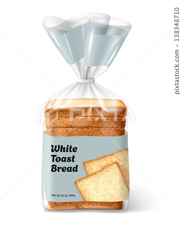 Realistic bread package. Bread loaf cut toast in bopp transparent pouch plastic clip 3d mockup, polythene wrapper bag pack emblem bakery product design garish vector illustration Realistic bread package. Bread loaf cut toast in bopp transparent pouch plastic clip 3d mockup, polythene wrapper bag pack emblem bakery product design garish vector illustration 138348710