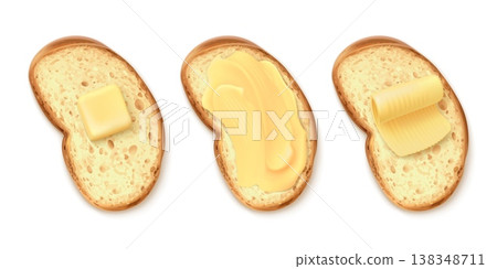 Realistic butter on bread. Sandwich toast with margarine slice, 3d melt spread curl slices on crumb toasts piece top view creamy oil food 3d isolated garish vector illustration Realistic butter on bread. Sandwich toast with margarine slice, 3d melt spread curl slices on crumb toasts piece top view creamy oil food 3d isolated garish vector illustration 138348711