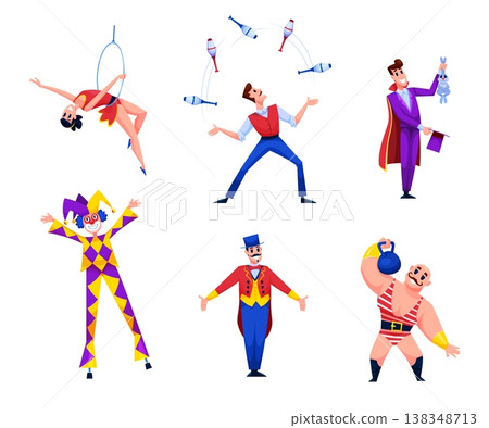 Cartoon circus artists. Chapiteau performers, clown stilts contortionist artist carnival fair people characters magician juggler strongman personage qualitative vector illustration Cartoon circus artists. Chapiteau performers, clown stilts contortionist artist carnival fair people characters magician juggler strongman personage qualitative vector illustration 138348713