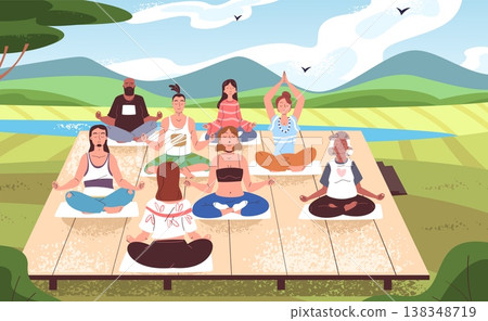 Outdoor meditation. Nature retreat, yoga people group meditate in mountain park landscape, spiritual zen practice teacher class wellness calm man woman classy vector illustration 138348719