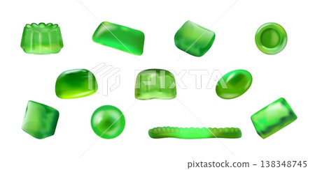 Green jelly candy. Realistic gummy candies, sour fruit chewy sweet marmalade sugar dessert snack assorted shape gum taste vitamins gelatin sweets set 3d exact vector illustration Green jelly candy. Realistic gummy candies, sour fruit chewy sweet marmalade sugar dessert snack assorted shape gum taste vitamins gelatin sweets set 3d exact vector illustration 138348745