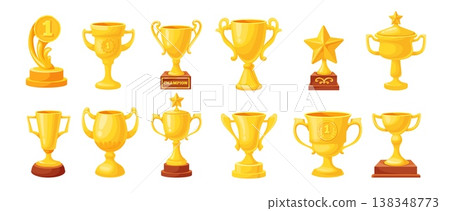 Different trophy cups. Win competition golden goblets shape, winner award prize champion success achievement shelf sport game triumph gold bowl trophies neat vector illustration Different trophy cups. Win competition golden goblets shape, winner award prize champion success achievement shelf sport game triumph gold bowl trophies neat vector illustration 138348773