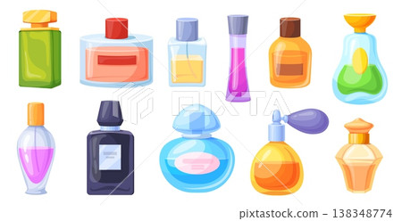 Cartoon perfume bottles. Fragrance bottle, cologne spray flask luxury scent parfum aromatherapy vintage vial pump woman man perfumery fashion cosmetic set neat vector illustration 138348774