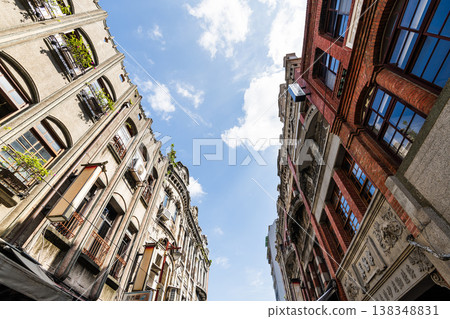 Low-angle view of old buildings in Dihua Street of Wanhua, Taipei City, Taiwan.  138348831