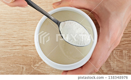 Close-up Scooping Collagen Powder From Container With Spoon. Beauty And Skincare Nutrition Supplement Concept. 138348976
