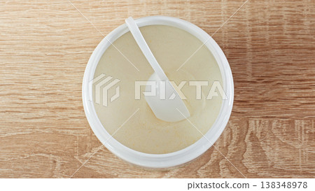 Close-up Scoop Inside Protein Powder Container. Sports Nutrition And Fitness Supplement Preparation Concept. 138348978