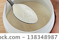 Close-up Collagen Powder Serving On Spoon Above Container. Macro view. Beauty And Skincare Nutrition Supplement Concept. 138348987