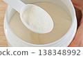 Close-up Scooping Protein Powder With Measuring Scoop From Container. Sports Nutrition And Fitness Supplement Concept. 138348992