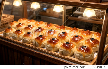 a glass display case at a bakery, rows of anpan. soft round buns filled with smooth red bean paste (koshian), each with a glossy sheen, a  black sesame seeds on top  138349034