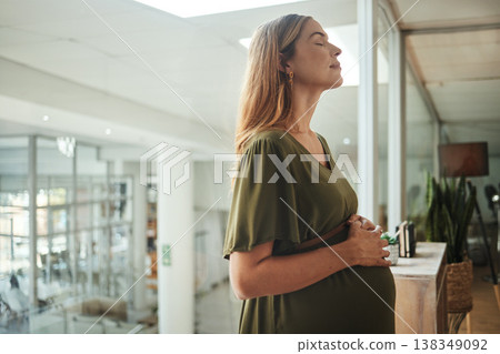 Woman, relax or pregnant stomach in office break in breathing meditation in company workplace. Belly, calm employee or mom in pregnancy in career, work and job with peace, affection and care for baby 138349092