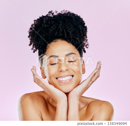 Relax, skincare and woman with natural beauty in studio for wellness, treatment or glow on pink background. Happy, shine and hands on face of female model with dermatology satisfaction or results Relax, skincare and woman with natural beauty in studio for wellness, treatment or glow on pink background. Happy, shine and hands on face of female model with dermatology satisfaction or results 138349094