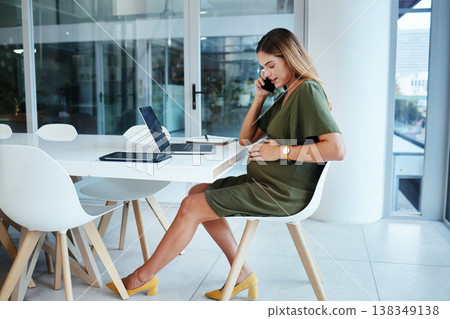 Pregnant business woman, phone call and office with thinking, talk and touch stomach with networking. Entrepreneur, smartphone and contact for negotiation, deal or sales update at desk with pregnancy 138349138