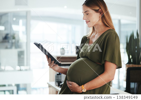Tablet, smile and pregnant business woman in office reading research information on internet. Maternity, happy and female designer from Canada with pregnancy work on digital technology in workplace. 138349149