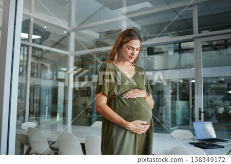 Worker, thinking or pregnant stomach in office break in breathing meditation in company workplace. Belly, woman or mom in pregnancy in career, work and job with peace, affection and care for baby 138349172