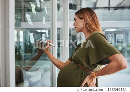 Pregnant woman, writing and glass in office for ideas, sticky note or thinking for vision, business plan or goal. Analyst, brainstorming and problem solving for review, market research or planning 138349181