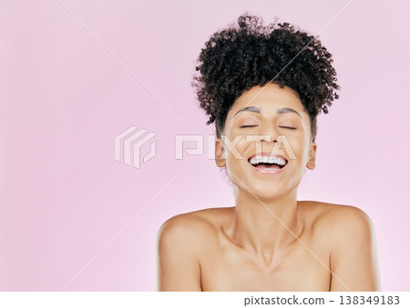 Happy, skincare and woman in studio for body care, self love and dermatology results on pink background. Smile, beauty and female wellness model relax after cosmetic, treatment and pamper routine 138349183