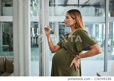 Pregnant woman, writing and glass for notes, business and planning with thinking for vision, idea or goal. Analyst, brainstorming and innovation for solution, market research or board with pregnancy 138349186