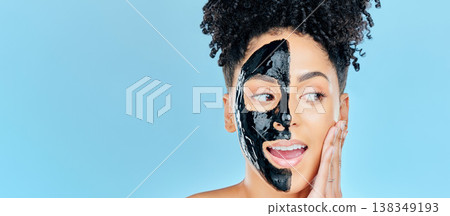 Mockup, charcoal mask and face of woman for facial treatment, anti aging detox and wellness in studio. Beauty, salon and person for healthy skin, cosmetics and grooming on blue background space Mockup, charcoal mask and face of woman for facial treatment, anti aging detox and wellness in studio. Beauty, salon and person for healthy skin, cosmetics and grooming on blue background space 138349193