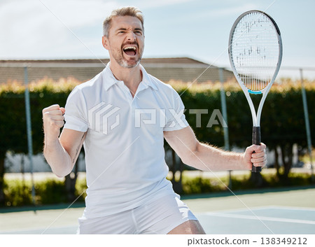 Winning, cheers and senior man with tennis win, celebration and happy with fitness and athlete on outdoor court. Fist pump, sports achievement and winner of competition or match, exercise and success Winning, cheers and senior man with tennis win, celebration and happy with fitness and athlete on outdoor court. Fist pump, sports achievement and winner of competition or match, exercise and success 138349212