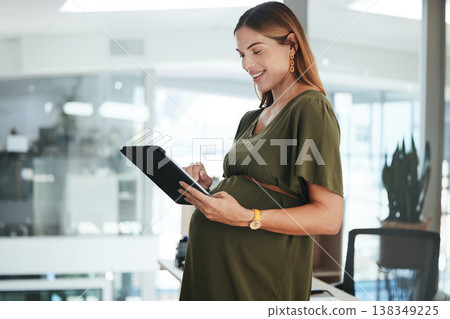 Tablet, reading and pregnant business woman in office doing research for information on internet. Maternity, smile and female designer from Canada with pregnancy working on digital tech in workplace. Tablet, reading and pregnant business woman in office doing research for information on internet. Maternity, smile and female designer from Canada with pregnancy working on digital tech in workplace. 138349225